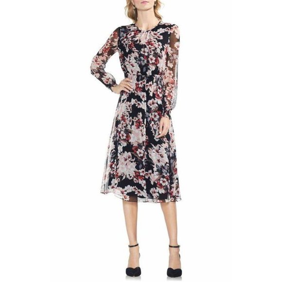 Vince Camuto Dresses & Skirts - VINCE CAMUTO Black Floral Timeless Blooms Cinch Waist Midi Dress sz M Women's